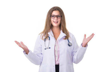 Beautiful caucasian doctor wear white suit with blue stethoscope isolated on white backgroundの写真素材
