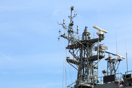 Radar of warship at the harbor in Thailand on blue sky backgroundの写真素材
