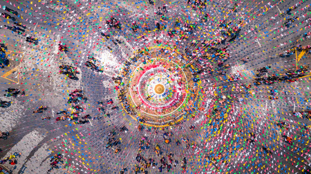 People in Songkran Festival at center of Sukhothai province, View form flying droneの写真素材