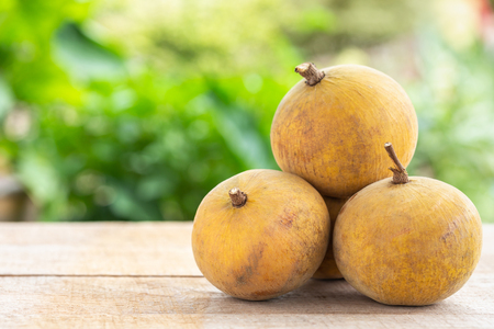 Close up Santol tropical fruit on wooden table and with green blur backgroundの写真素材