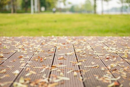 Empty wooden floor or decking with abstract blurred of garden background. For Display or product photo montageの写真素材