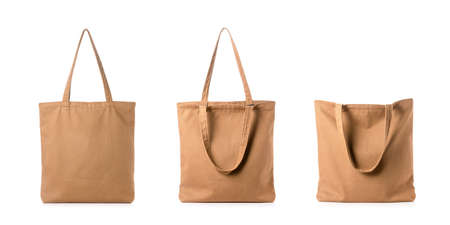 New blank brown cotton bag isolated on white backgroundの写真素材