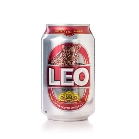 SUKHOTHAI, THAILAND - MAY 20, 2020. Can of Leo beer studio shot isolated on white background. 5% alcohol Leo beer are popular brand in Thailand created by Singha Corporation Co., Ltd. Since 1998のeditorial素材