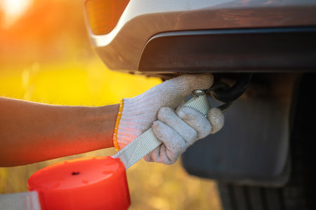 Car broken on the road. Man holding emergency car towing line and hook on backside of car on the roadside. Car accident, repair and maintenance conceptの写真素材