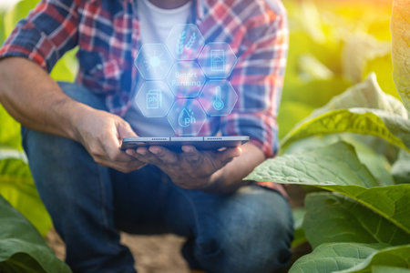 Asian farmer using digital tablet showing smart farming interface icons and light flare sunset...