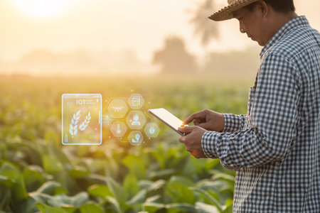 Asian farmer working in the tobacco field. Man is examining and using digital tablet to management, planning or analyze on tobacco plant after planting. Technology for agriculture Conceptの写真素材