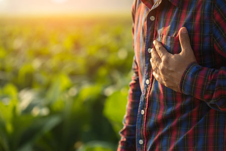 injuries or Illnesses, that can happen to farmers while working. Man is using his hand to cover over left chest because of hurt,  pain or feeling ill. Health of agriculturist concept.の写真素材