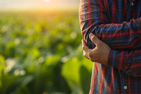 Injuries or Illnesses, that can happen to farmers while working. Man is using his hand to cover over elbow because of hurt,  pain or feeling ill. Health of agriculturist concept.の写真素材