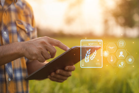 Farmers use tablet computers to check their fields. They are used for planning, care and post-planting analysis. Agricultural technology concepts.の写真素材