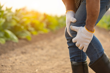 Injuries or Illnesses, that can happen to farmers while working. Man is using his hand to cover over knee because of hurt,  pain or feeling ill. Health of agriculturist concept.の写真素材