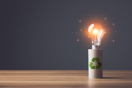 Create new ideas to recycle. Light bulb and pile of brown paper of tissue cores on wooden table with grey wall background. Save world and environment concept.の写真素材