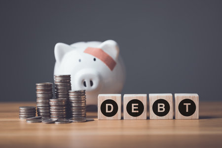 Financial problem, Bankrupt or fail in business concept. Damaged of piggy bank, coin stack and DEBT write on wooden block cube and arranged on wooden desk with dark wall background.の写真素材