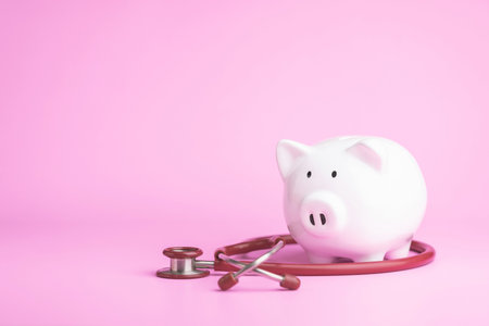 Financial for health concept, The idea of ââsaving money for healthcare, Close up stethoscope and white piggy bank on pink color and copy space background. Health and finance conceptの写真素材