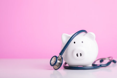 Financial for health concept, The idea of ââsaving money for healthcare, Close up stethoscope and white piggy bank on wooden desk with color copy space background. Health and finance conceptの写真素材