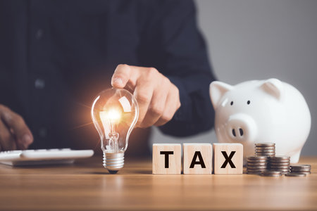Notification of time for tax payment, Money and financial management, Man holding light bulb, TAX write on wooden blocks and white piggy bank arranged on wooden desk with grey wall. Studio shot.の写真素材