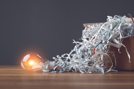 Find the new idea from past failures, Creative new design thinking for work, Light bulb and pile scrap paper from shredder on wooden office desk, Can use for reuse and recycle concept. Studio shot.の写真素材