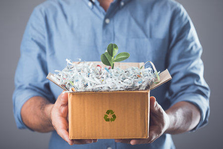 Young tree pops out of scrap paper in cardboard box (Text appears in Thai characters which can't translate because it was cut off, damaged by the document shredder.) For save world ot recycle concept.の写真素材