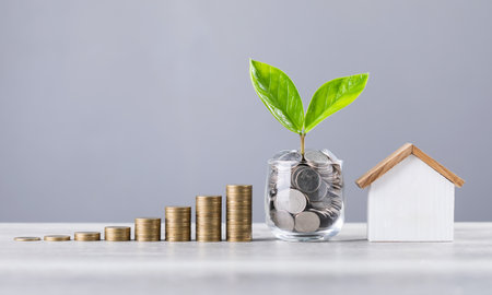 Glass jar filled with coins and a small seedling in the center, with stacked coins arranged from smallest to largest and a wooden house model on a table. Saving for house and financial growthの写真素材