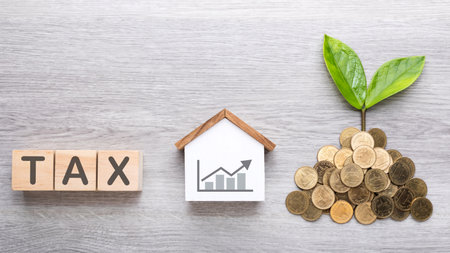 top-down view of a coin pile with a small plant and a wooden house model placed beside it on a bright grey table, symbolizing saving money for home ownership and financial growthの写真素材