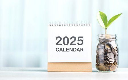 Concept of saving and future planning: A jar filled with coins and a small plant in the center,...