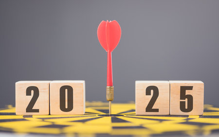 "2025" is written on a wooden block placed on yellow dart board against a soft grey background. The image symbolizes future goals, planning, and target-setting for the upcoming year.の写真素材