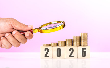 A stack of coins, a wooden block labeled '2025,' and a hand holding a magnifying glass. Examining financial plans and investments for the upcoming year, highlighting careful analysis and planningの写真素材