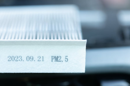 A car owner holds an air filter for examination. Importance of regular inspection, cleaning, and replacement of car air filters, Emphasizes maintenance for better air quality and vehicle efficiencyの写真素材