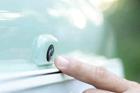 A car owner cleans the front dashcam lens with a cloth, emphasizing the importance of clear footage and safety through maintaining a reliable in-car cameraの写真素材