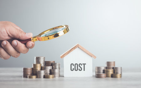 A stack of coins, a house model, and a hand holding a magnifying glass. The concept of evaluating home repair costs, highlighting the importance of careful financial assessment and budgetingの写真素材