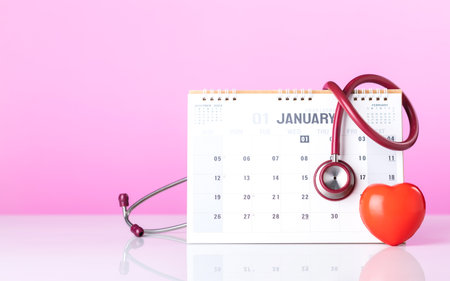 Red stethoscope placed next to a 2025 desk calendar opened to the month of January. The importance of scheduling health check-ups at the start of the year, highlighting health awareness and planningの写真素材