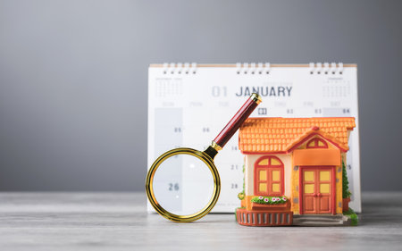 A 2025 calendar, house model, and magnifying glass on a table. The search for an auspicious date to move into a new home. This reflects the tradition of finding the perfect timing for a fresh startの写真素材