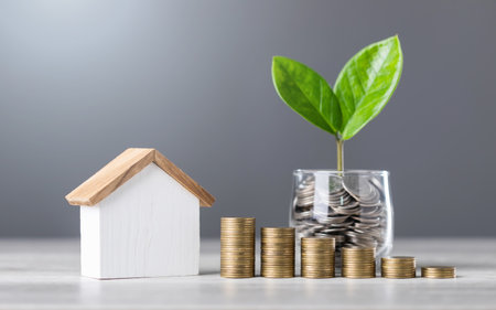Glass jar filled with coins and a small seedling in the center, with stacked coins arranged from smallest to largest and a wooden house model on a table. Saving for house and financial growthの写真素材