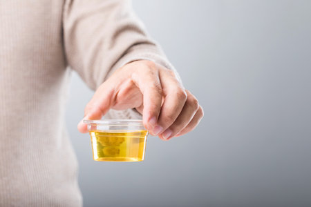 A man holds a clear plastic cup containing a urine sample, emphasizing how urine color can reveal important health insights. A reminder of the role of self-monitoring in maintaining wellnessの写真素材