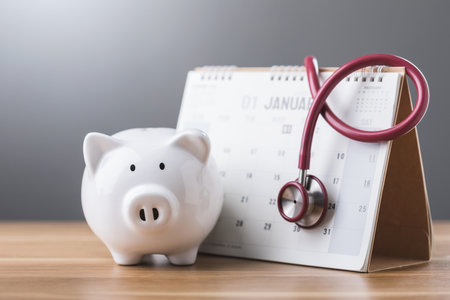 A white piggy bank, a calendar, and a stethoscope on a table symbolize financial health, planning, and the importance of balancing savings with medical preparednessの写真素材