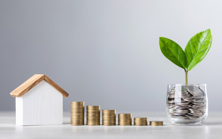 Glass jar filled with coins and a small seedling in the center, with stacked coins arranged from smallest to largest and a wooden house model on a table. Saving for house and financial growthの写真素材