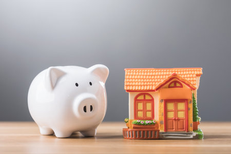 A white piggy bank placed next to a house model on a table symbolizes saving for homeownership or real estate investment. This image reflects financial goals and future planningの写真素材
