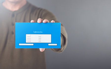 A businessman holds Thailand's blue vehicle registration book, issued after full loan repayment, symbolizing its use as collateral for loans or credit applications in Thailandの写真素材