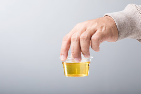 A man holds a clear plastic cup containing a urine sample, emphasizing how urine color can reveal important health insights. A reminder of the role of self-monitoring in maintaining wellnessの写真素材