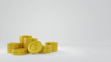 3d render stacks of golden coins isolated on white background.copy spaceの写真素材