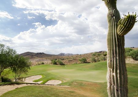 Beautiful golf course with Arizona cactus in foregroundの写真素材