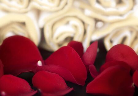 Red rose petals beside towwls in spaの写真素材