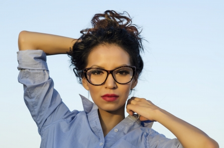 Beautiful woman wearing eye glasses specsの写真素材