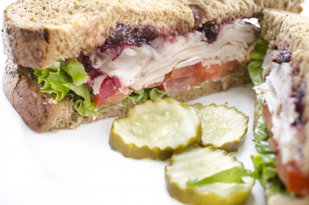 Close up photo of turkey sandwich on a plateの写真素材