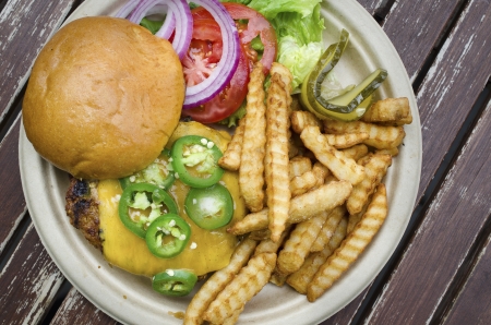 Gourmet cheeseburger and fries