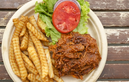 Delicious pub style pulled pork chicken sandwich with salad on the side の写真素材
