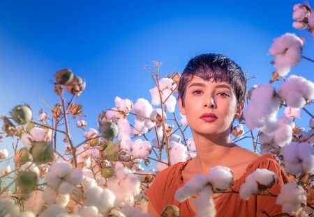 Fashion art photo woman in cotton fieldの写真素材