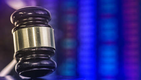 Legal law concept image gavel with financial data on computer monitor.