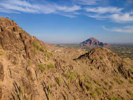 High point of view across from Piestewa Peak Dreamy Draw to Camelback Mountain in Phoenix, Scottsdale, Arizona,USAの写真素材