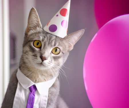 Cute cat in party hat with pink and purple balloons on backgroundの写真素材