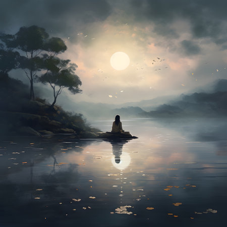 Silhouette of a young woman sitting on a rock in the lake in moonlight.の素材